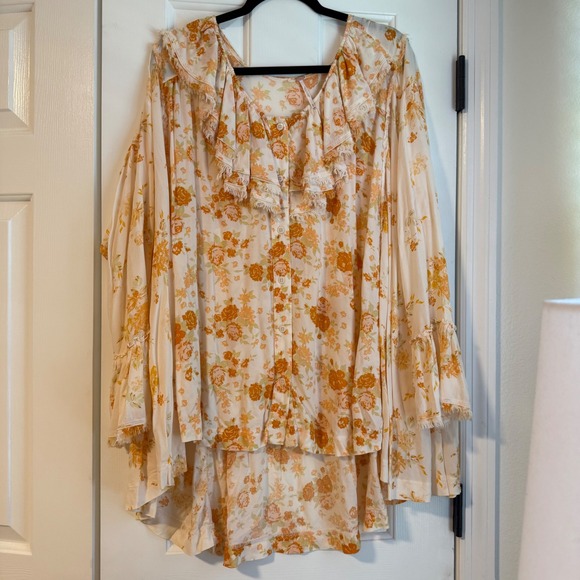 Free People Loretta Tunic Top Oversized Ruffle Tea Combo Floral Boho Chic Medium - Picture 11 of 14